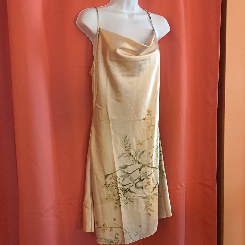 Satin Chemise, Ivory Cream, Oriental Floral, Cowl Neck, Knee Length, M, New